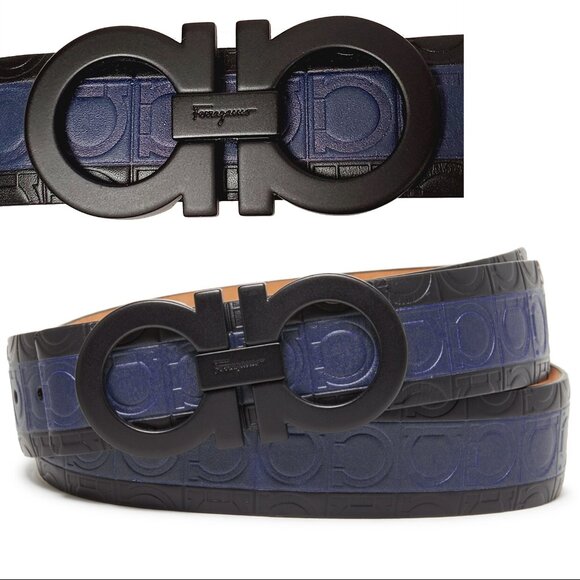 SALVATORE FERRAGAMO BELT GANCINI LOGO STRIPE BLACK BLUE LEATHER sz 95 / 38